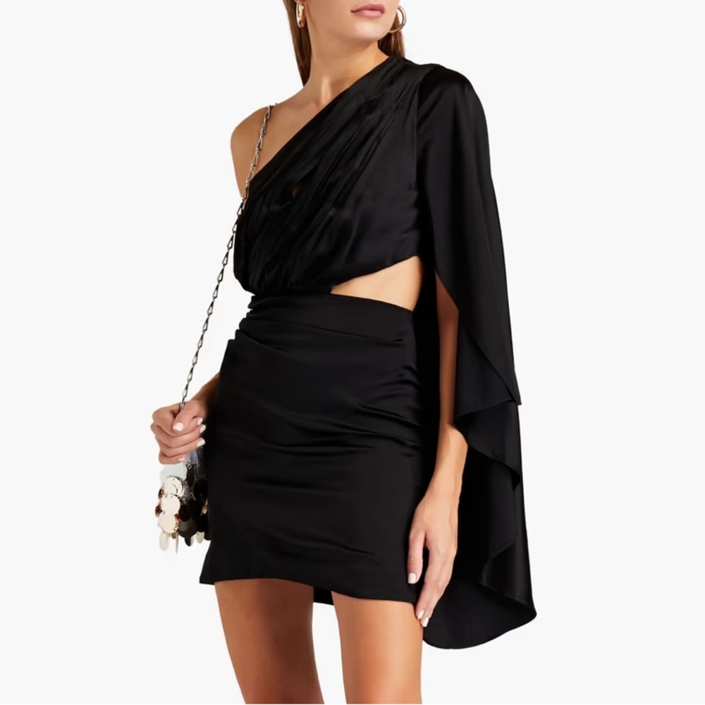 Retrofete Mae Dress One Sleeve Cutout Silk Blend Satin Mini Size Small Black NWT
